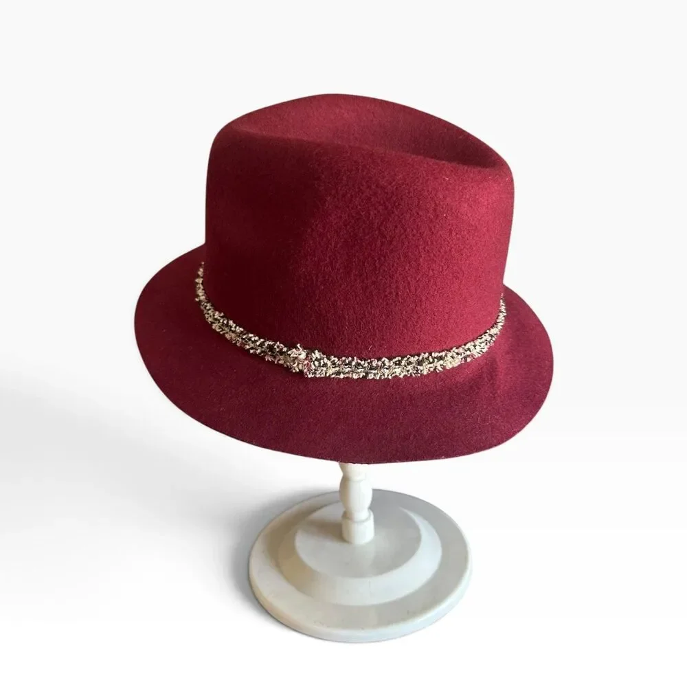 Burgundy Wool Fedora Hat Women's Tweed Band Hipster Autumn Western Boho